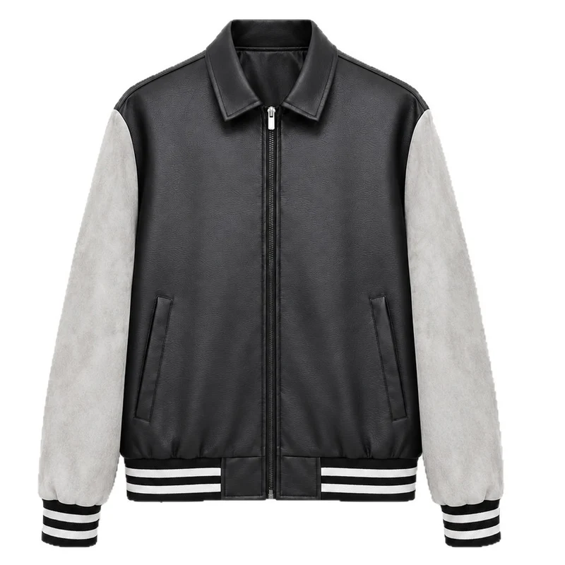 Herren Retro Letterman‑Bomber mit glattem Kunstlederkörper und Veloursärmmel-Detail Nord Taschen