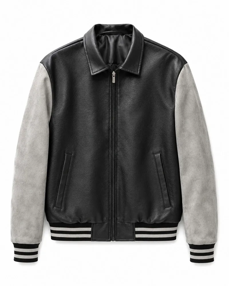 Herren Retro Letterman‑Bomber mit glattem Kunstlederkörper und Veloursärmmel-Detail Nord Taschen