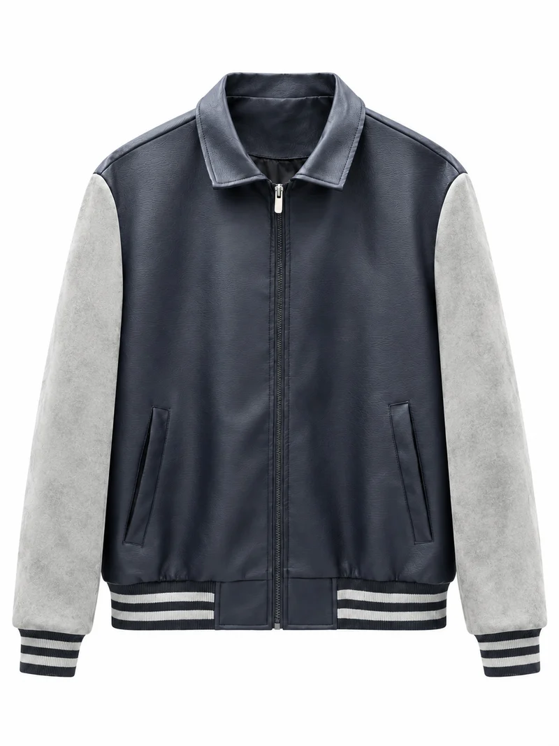 Herren Retro Letterman‑Bomber mit glattem Kunstlederkörper und Veloursärmmel-Detail Nord Taschen