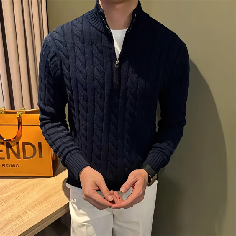 Herren Zopfstrick-Halbzip-Pullover mit Stehkragen Nord Taschen