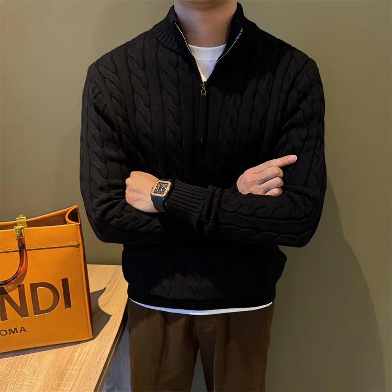 Herren Zopfstrick-Halbzip-Pullover mit Stehkragen Nord Taschen