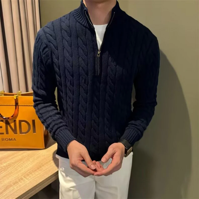 Herren Zopfstrick-Halbzip-Pullover mit Stehkragen Nord Taschen
