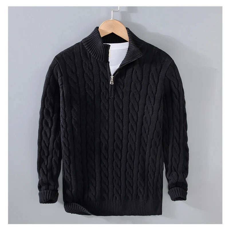 Herren Zopfmuster-Halbzip-Pullover aus weicher Baumwollmischung mit Stehkragen Nord Taschen