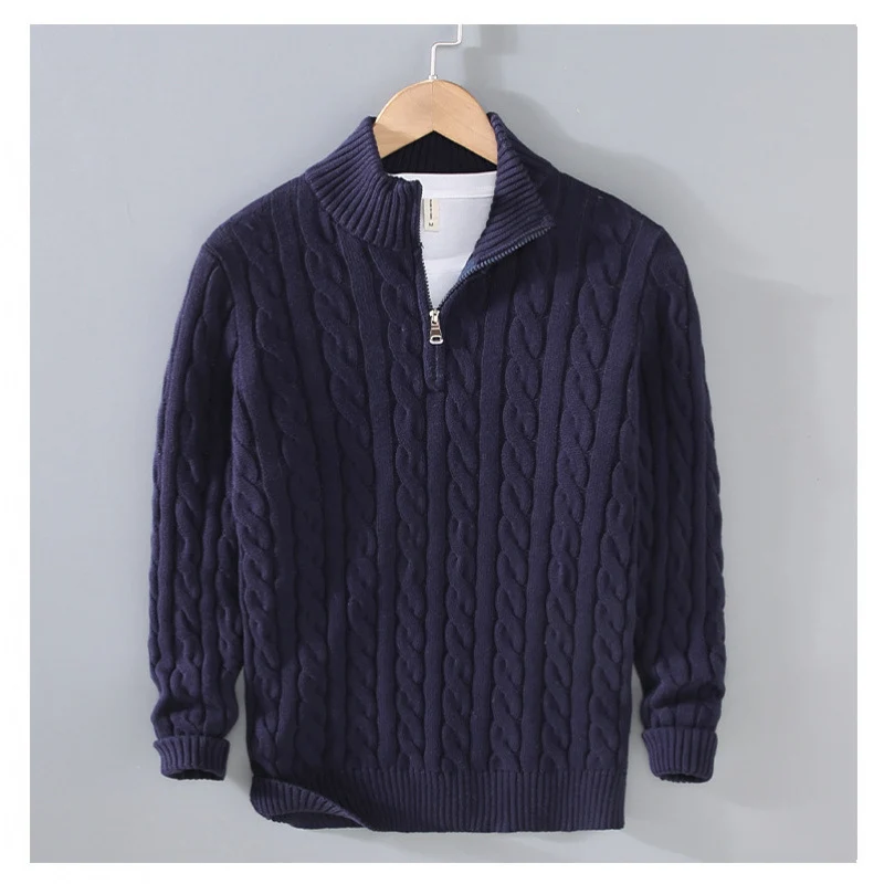 Herren Zopfmuster-Halbzip-Pullover aus weicher Baumwollmischung mit Stehkragen Nord Taschen