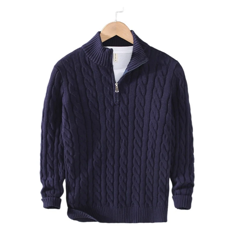 Herren Zopfmuster-Halbzip-Pullover aus weicher Baumwollmischung mit Stehkragen Nord Taschen