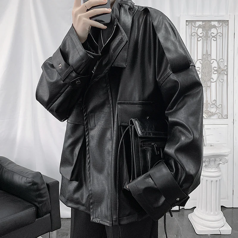Herren Weitgeschnittene Kunstlederjacke mit Kapuze, Utility-Taschen und verstellbaren Manschetten Nord Taschen