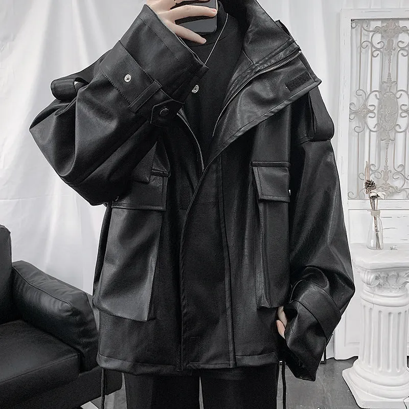 Herren Weitgeschnittene Kunstlederjacke mit Kapuze, Utility-Taschen und verstellbaren Manschetten Nord Taschen