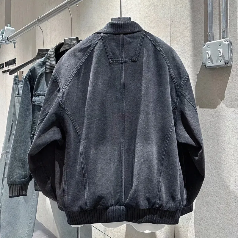 Herren Weitgeschnittene Jeansjacke mit geripptem Kontrastkragen und Vintage-Waschung Nord Taschen