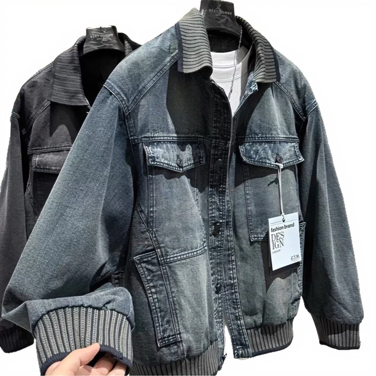 Herren Weitgeschnittene Jeansjacke mit geripptem Kontrastkragen und Vintage-Waschung Nord Taschen