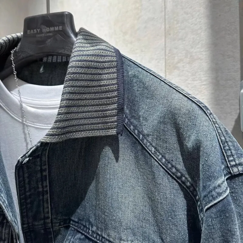 Herren Weitgeschnittene Jeansjacke mit geripptem Kontrastkragen und Vintage-Waschung Nord Taschen