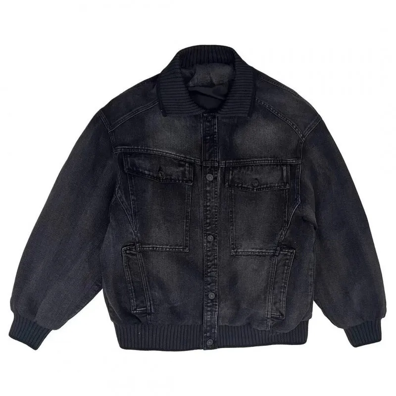 Herren Weitgeschnittene Jeansjacke mit geripptem Kontrastkragen und Vintage-Waschung Nord Taschen