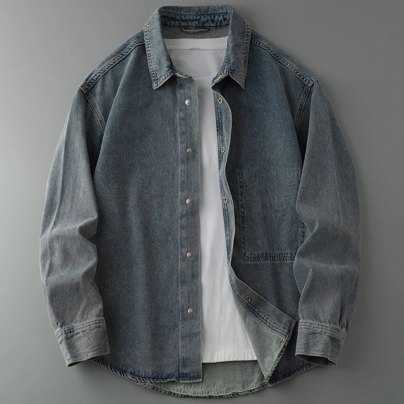 Herren Overshirt-Jacke aus gewaschenem Denim mit Druckknopfleiste und Relaxed-Schnitt Nord Taschen