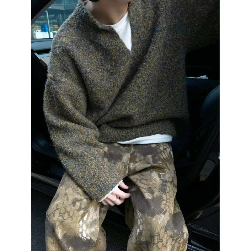 Herren Melangé Grobstrick-Pullover mit V-Schlitz und lockerem Oversize-Schnitt Nord Taschen