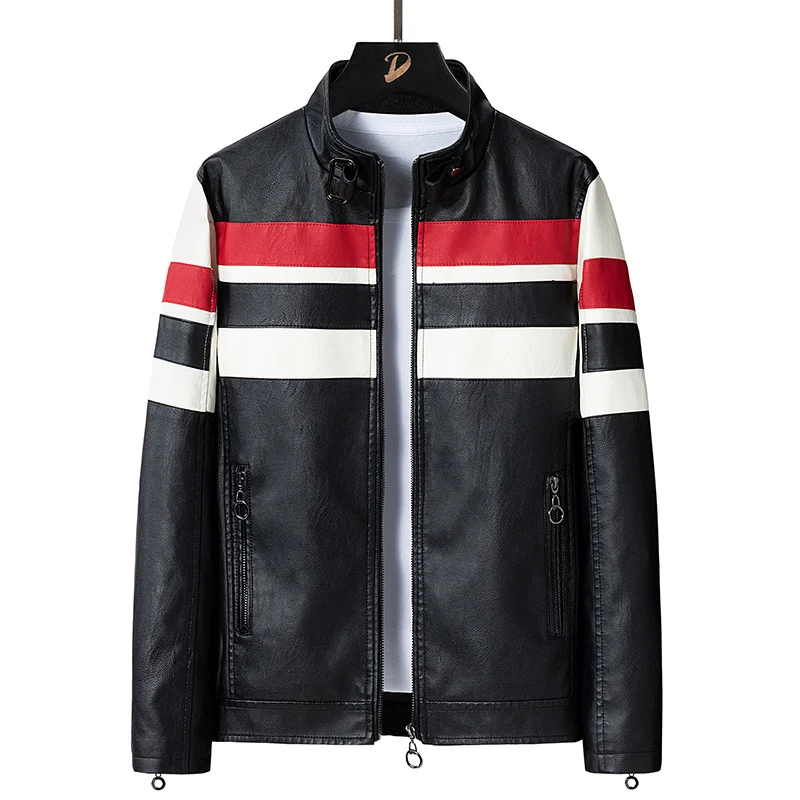 Herren Biker-Lederjacke im Racing-Look mit Kontraststreifen und Stehkragen Nord Taschen