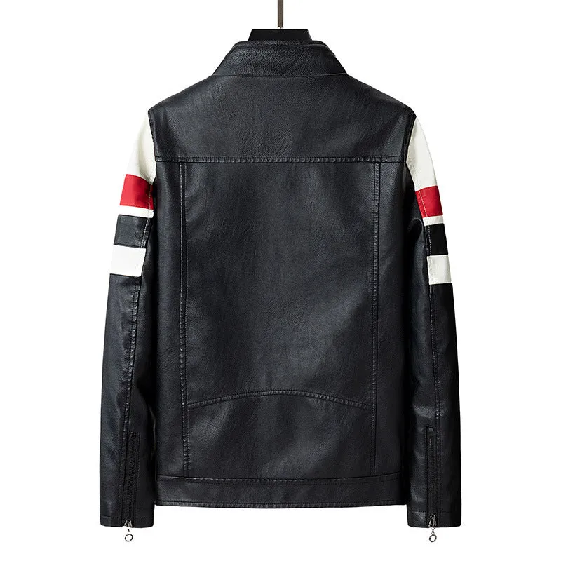 Herren Biker-Lederjacke im Racing-Look mit Kontraststreifen und Stehkragen Nord Taschen