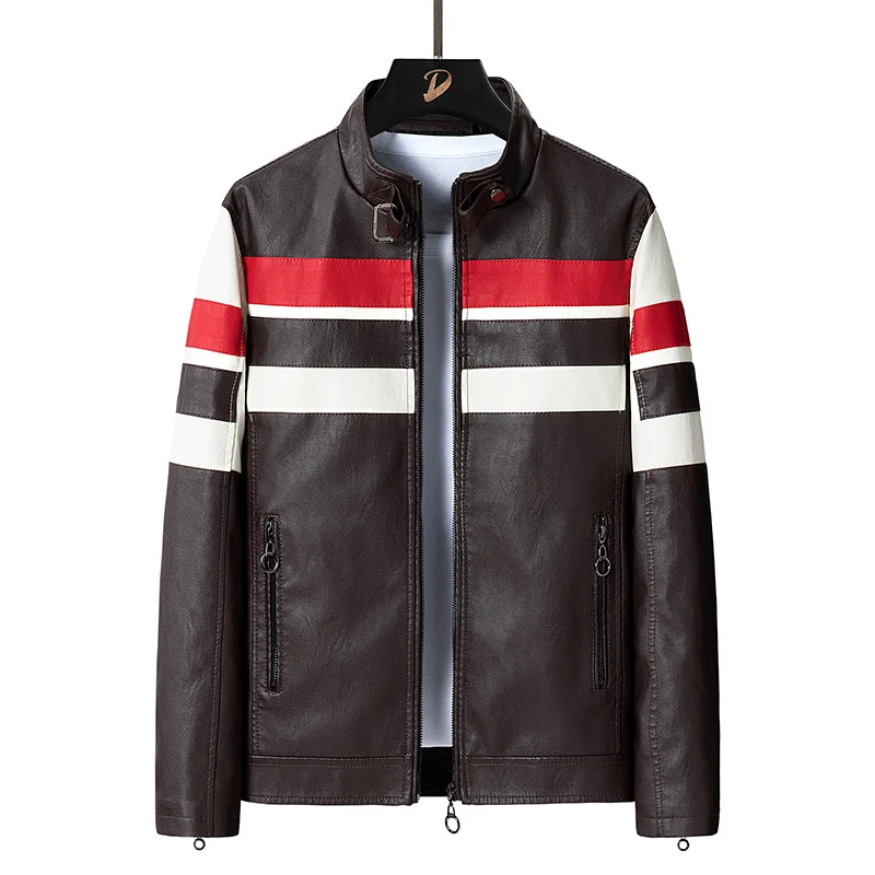Herren Biker-Lederjacke im Racing-Look mit Kontraststreifen und Stehkragen Nord Taschen