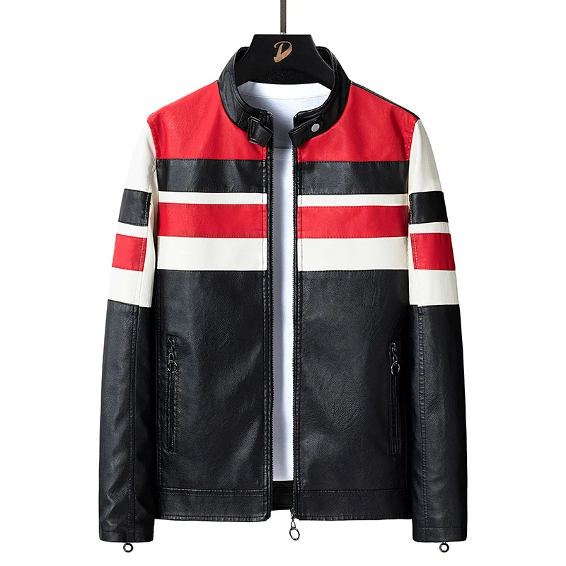 Herren Biker-Lederjacke im Racing-Look mit Kontraststreifen und Stehkragen Nord Taschen