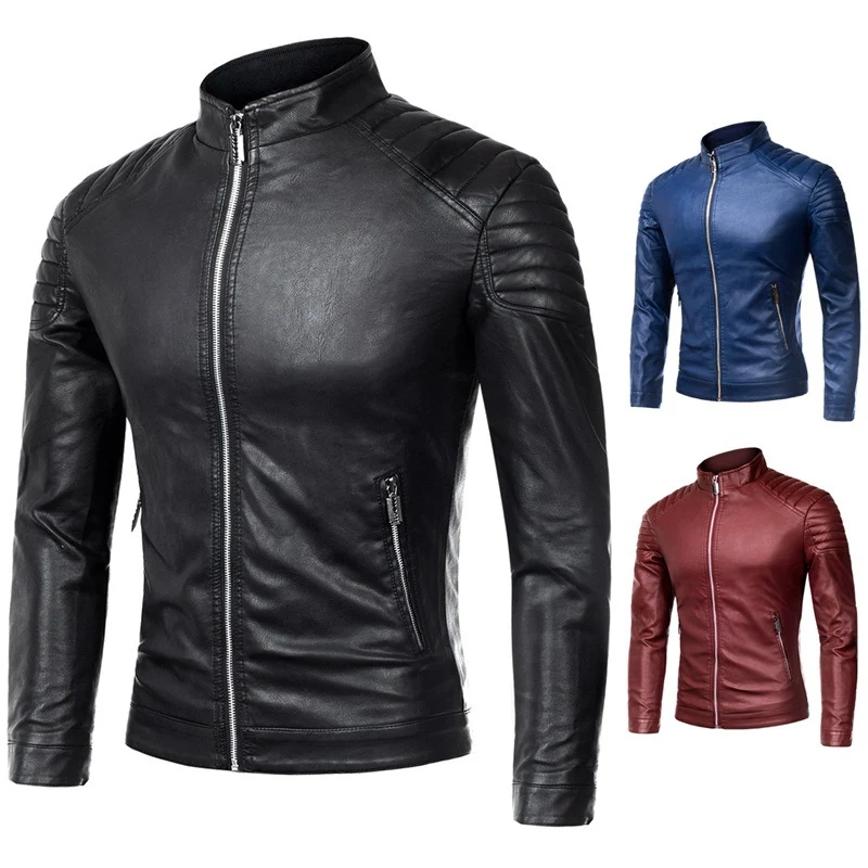 Herren Biker-Lederjacke im Slim-Fit mit Stehkragen und gesteppter Schulterpartie Nord Taschen