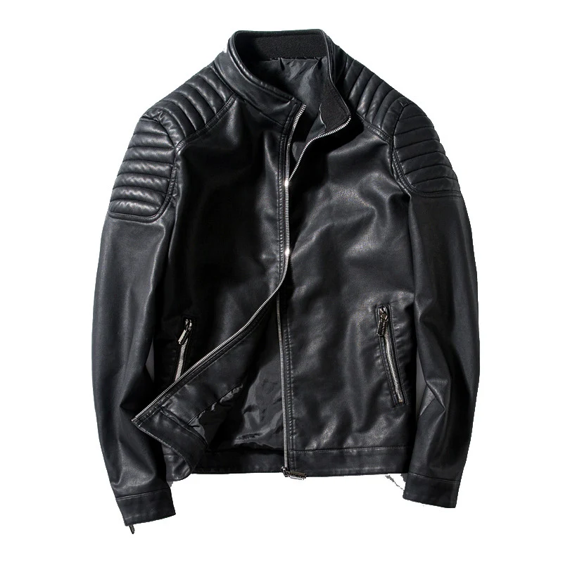 Herren Biker-Lederjacke im Slim-Fit mit Stehkragen und gesteppter Schulterpartie Nord Taschen