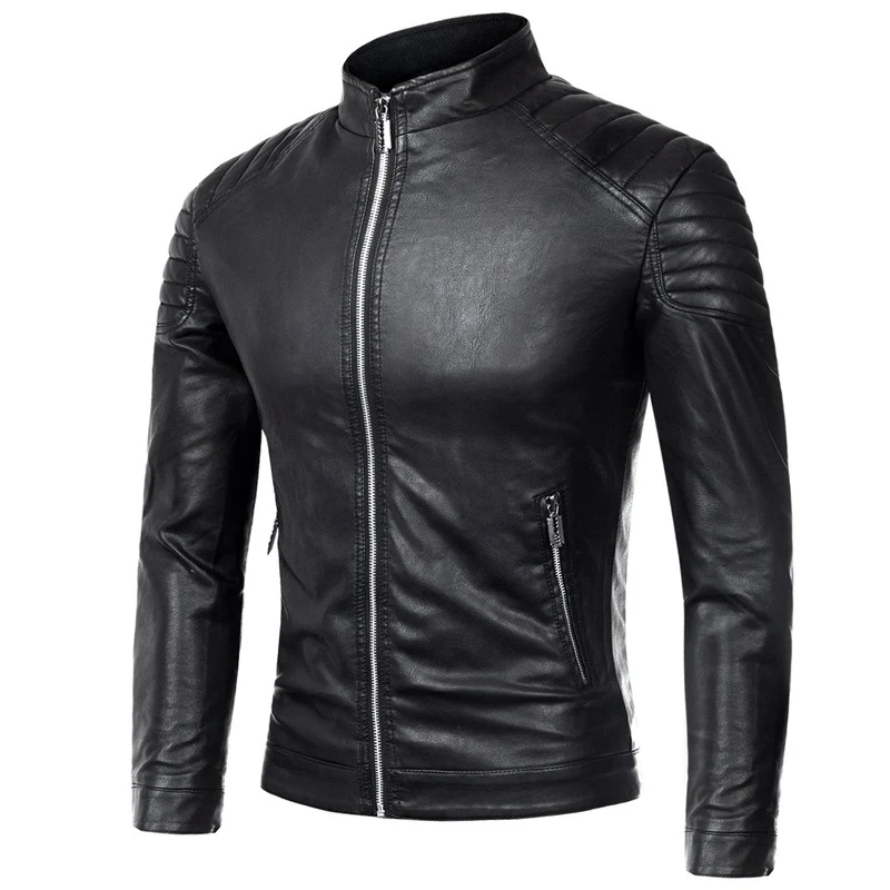 Herren Biker-Lederjacke im Slim-Fit mit Stehkragen und gesteppter Schulterpartie Nord Taschen