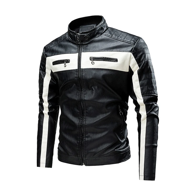 Herren Biker-Lederjacke im Colorblock-Design mit gesteppter Schulterpartie und Stehkragen Nord Taschen