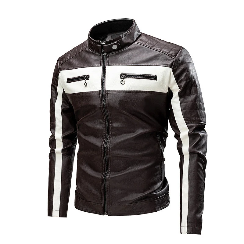 Herren Biker-Lederjacke im Colorblock-Design mit gesteppter Schulterpartie und Stehkragen Nord Taschen
