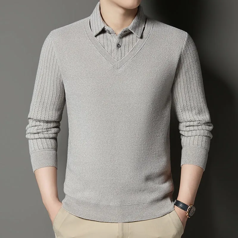 Herren Feinstrick-Pullover mit V-Ausschnitt und integriertem Polokragen Nord Taschen