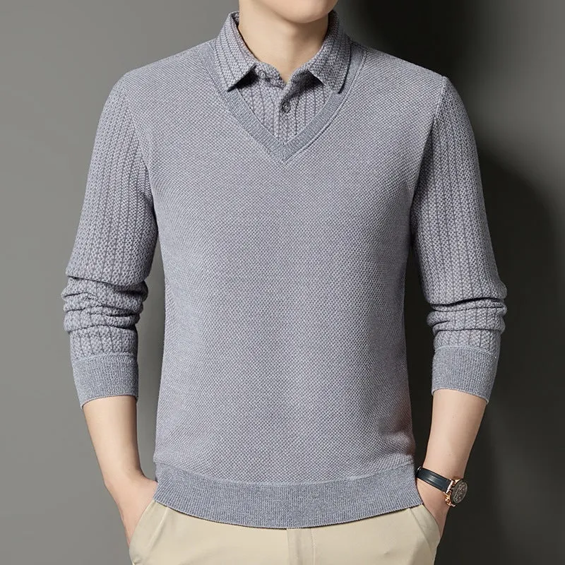 Herren Feinstrick-Pullover mit V-Ausschnitt und integriertem Polokragen Nord Taschen