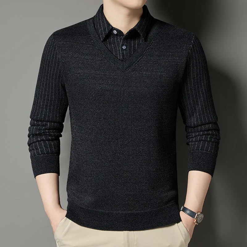 Herren Feinstrick-Pullover mit V-Ausschnitt und integriertem Polokragen Nord Taschen