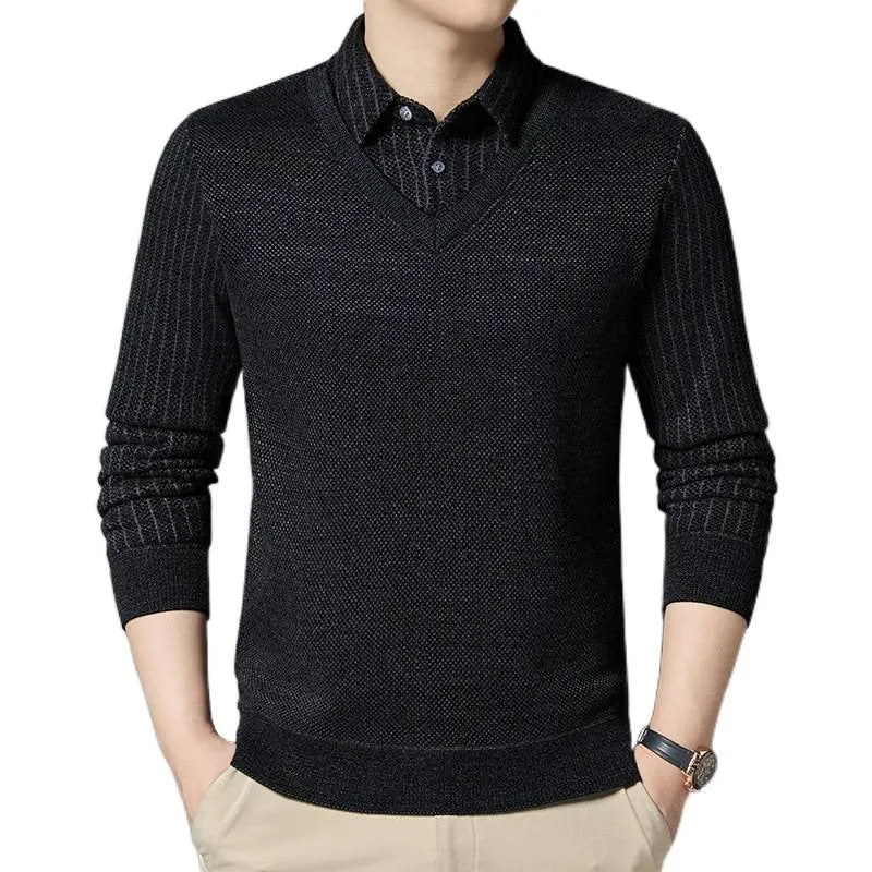 Herren Feinstrick-Pullover mit V-Ausschnitt und integriertem Polokragen Nord Taschen