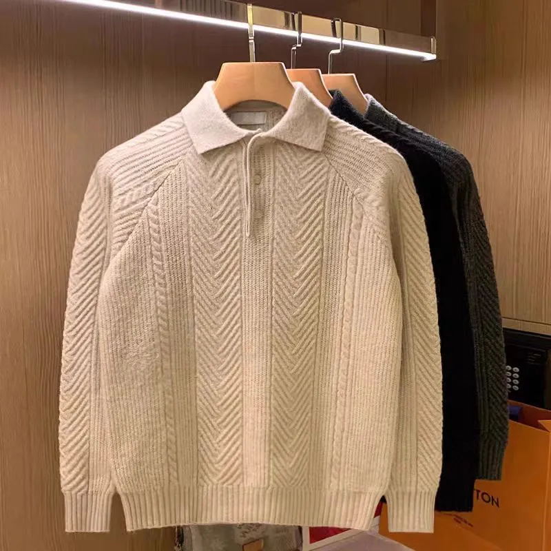 Herren Feinstrick-Polopullover mit halber Knopfleiste und Zopfmuster Nord Taschen