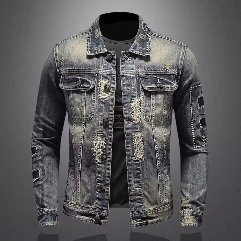 Herren Vintage-Jeansjacke mit Used-Effekten, Destroyed-Details und aufgesetzten Brusttaschen Nord Taschen
