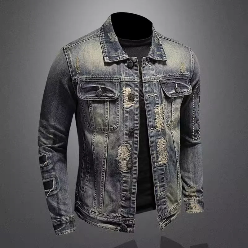 Herren Vintage-Jeansjacke mit Used-Effekten, Destroyed-Details und aufgesetzten Brusttaschen Nord Taschen