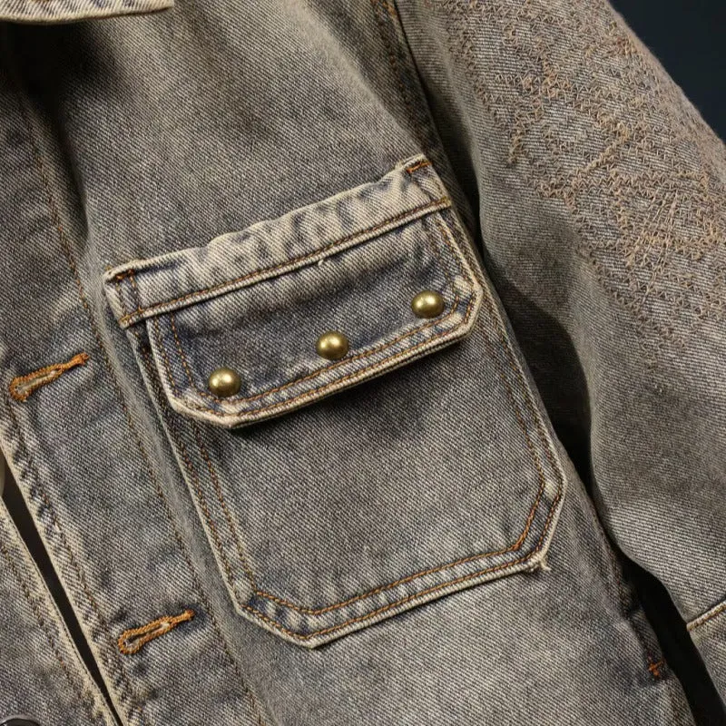 Herren Vintage-inspirierte Jeansjacke im Worker-Look mit Used-Wash und aufgesetzten Brusttaschen Nord Taschen