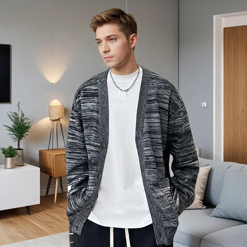 Herren Lockerer Melierter Oversize-Strickcardigan mit Knopfleiste und aufgesetzten Taschen Nord Taschen