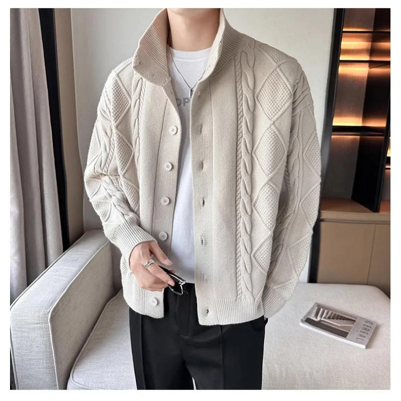 Herren Lockere Strick-Cardigan mit hohem Stehkragen und Zopfmuster Nord Taschen