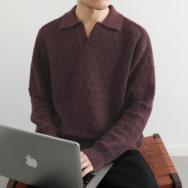 Herren Feinstrick-Polo-Pullover mit Strukturstrick und offenem V-Ausschnitt Nord Taschen
