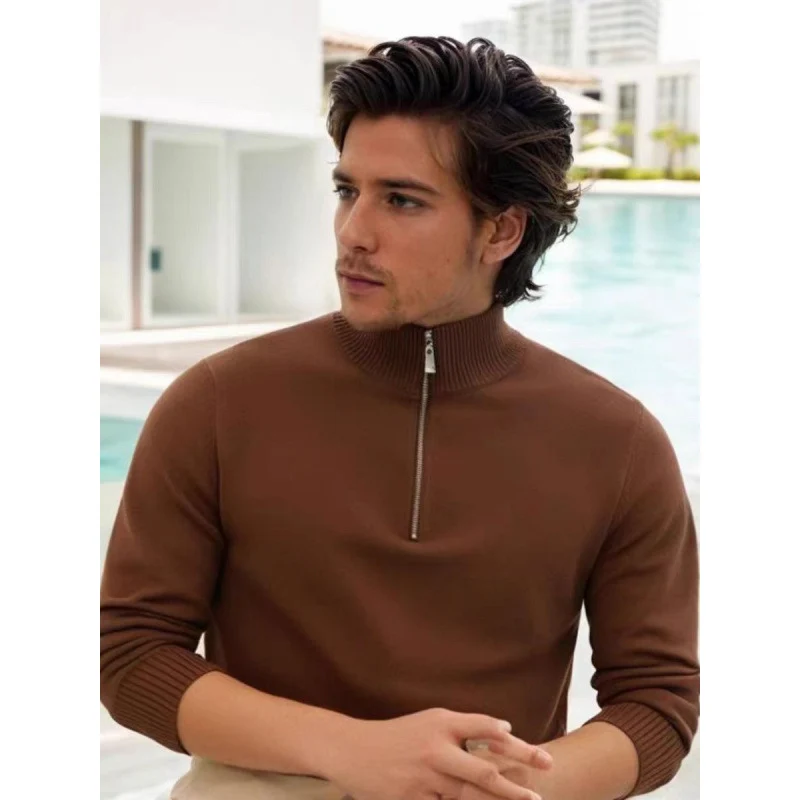 Herren Feinstrick-Halbzip-Pullover mit Stehkragen und Rippbündchen Nord Taschen