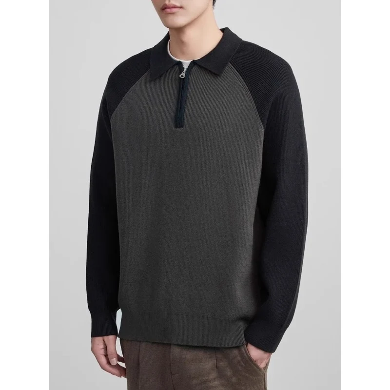 Herren Feinstrick-Halbzip-Pullover mit Polokragen und Raglanärmeln Nord Taschen
