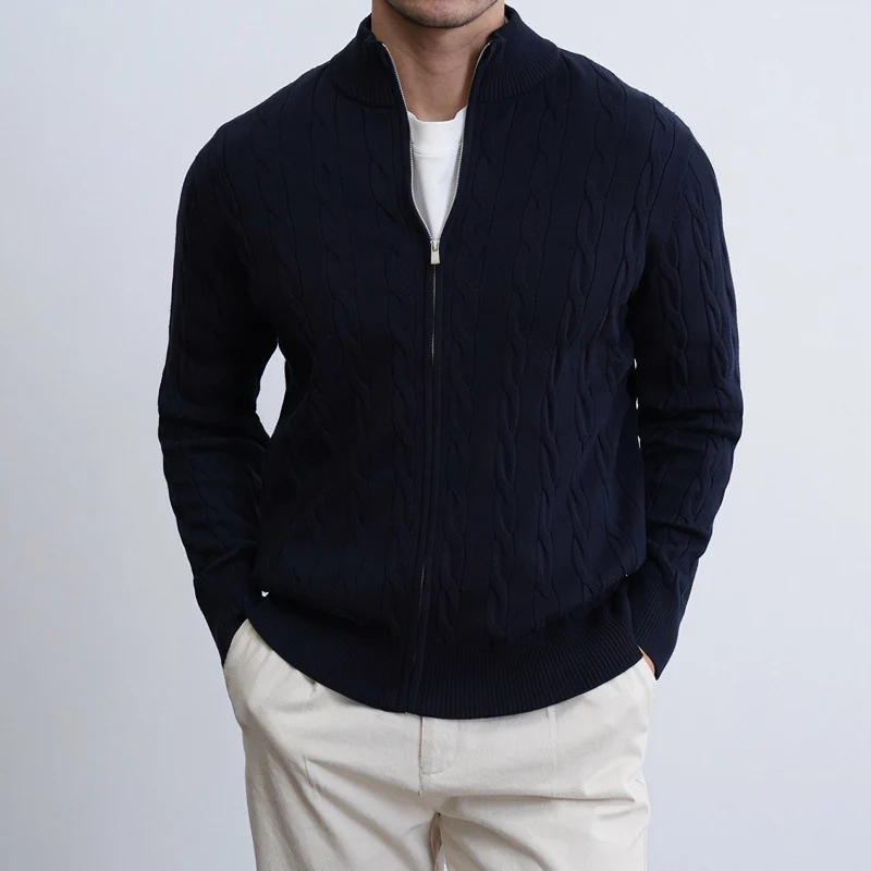 Herren Feiner Zopfmuster-Halbzip-Cardigan mit Rippkragen und silbernem Reißverschluss Nord Taschen