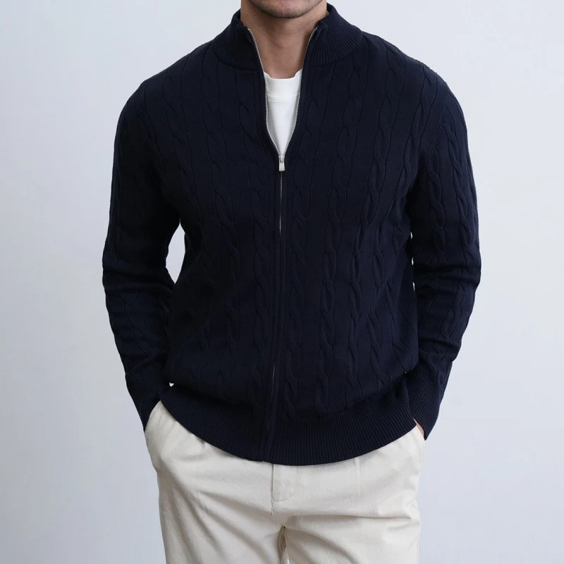 Herren Feiner Zopfmuster-Halbzip-Cardigan mit Rippkragen und silbernem Reißverschluss Nord Taschen