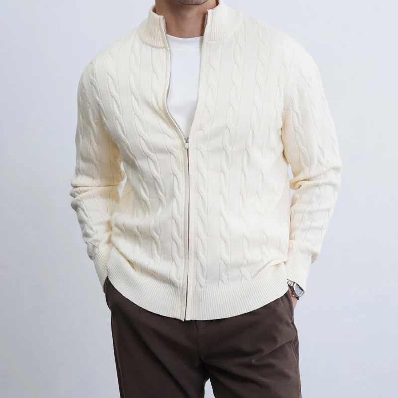Herren Feiner Zopfmuster-Halbzip-Cardigan mit Rippkragen und silbernem Reißverschluss Nord Taschen