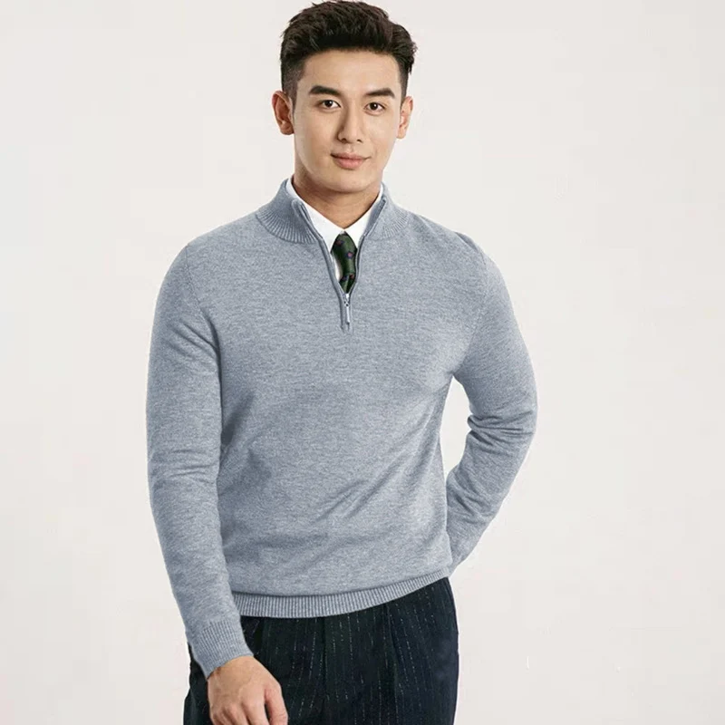 Herren Feiner Halbzip-Strickpullover mit Stehkragen und gerippten Bündchen Nord Taschen