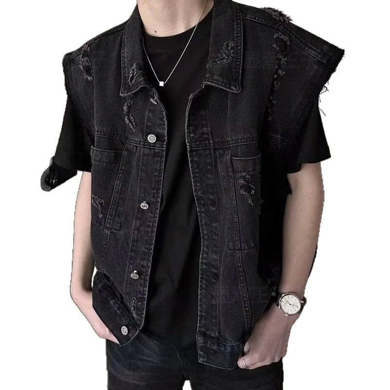 Herren Denim-Weste im Vintage-Used-Look mit Destroyed-Taschen und kastiger Passform Nord Taschen