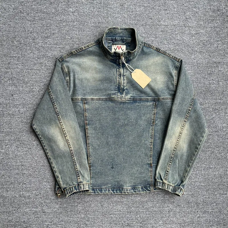 Herren Denim-Pulloverjacke im Vintage-Look mit Halbzip und Stehkragen Nord Taschen