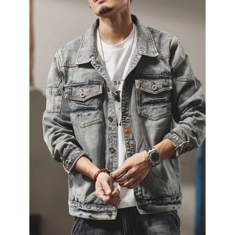 Herren Denim-Jeansjacke im Used-Look mit Hemdkragen, aufgesetzten Brusttaschen und legerer Passform Nord Taschen