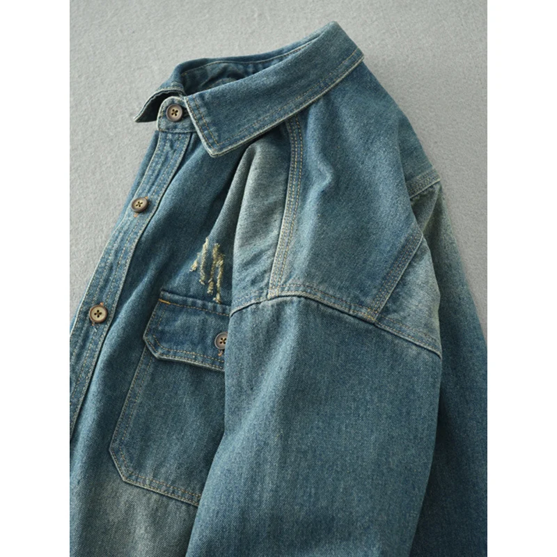 Herren Denim-Hemdjacke im Used-Look mit aufgesetzten Brusttaschen und Knopfleiste Nord Taschen