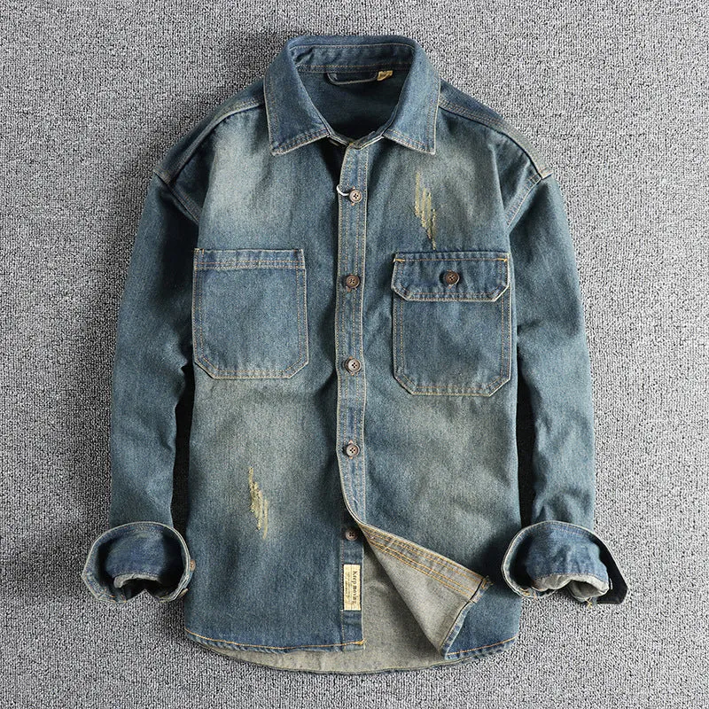 Herren Denim-Hemdjacke im Used-Look mit aufgesetzten Brusttaschen und Knopfleiste Nord Taschen