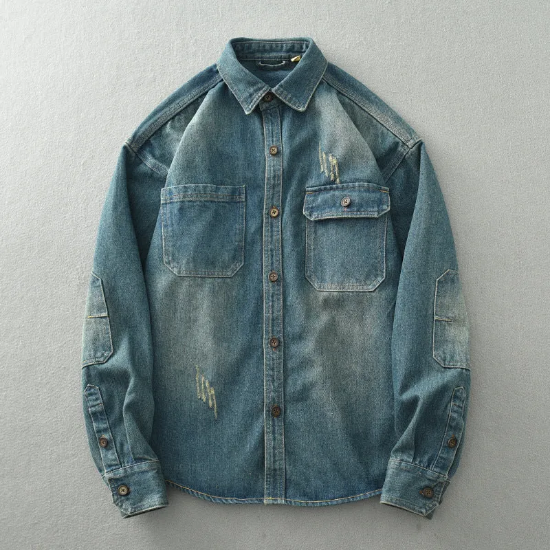 Herren Denim-Hemdjacke im Used-Look mit aufgesetzten Brusttaschen und Knopfleiste Nord Taschen
