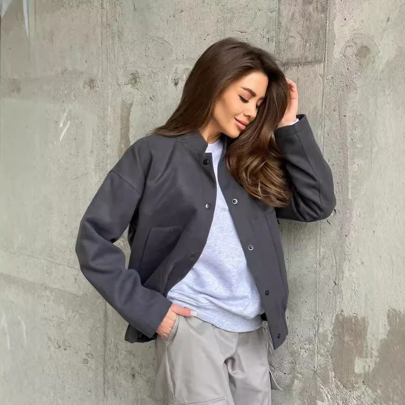 Damen Kurz geschnittene Bomberjacke aus Wollmix mit Druckknopfverschluss und elastischem Saum Nord Taschen
